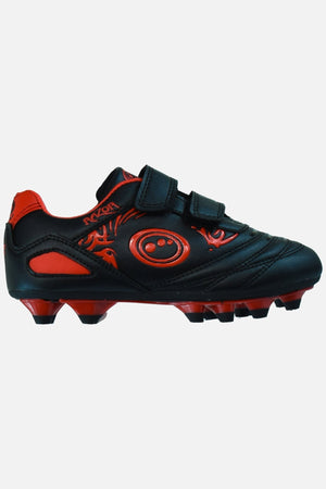 Black and red Optimum Razor junior football boot with hook-and-loop straps, side view - Optimum