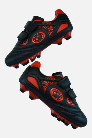 Pair of black and red Optimum Razor junior moulded football boots on white - Optimum