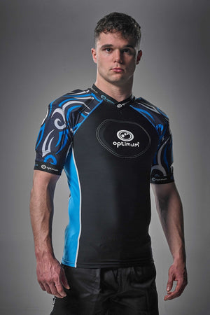 Black Optimum Razor protective top with blue tribal-print shoulder pads, front-on model - Optimum