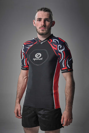 Black Optimum Razor protective top with red tribal-print padded shoulders, front view on model - Optimum