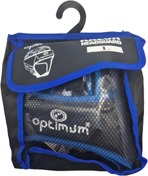Optimum Razor headguard in black and blue mesh drawstring bag with hanger and branded label, on white - Optimum