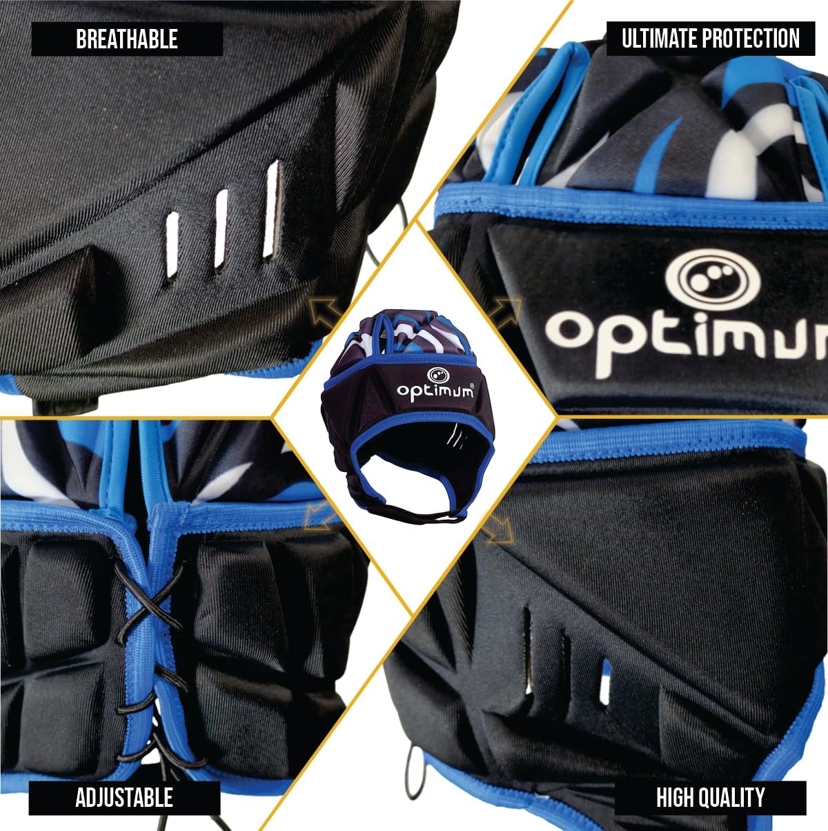 Optimum rugby headguard feature infographic: breathable vents, adjustable lacing, padded panels, blue - Optimum