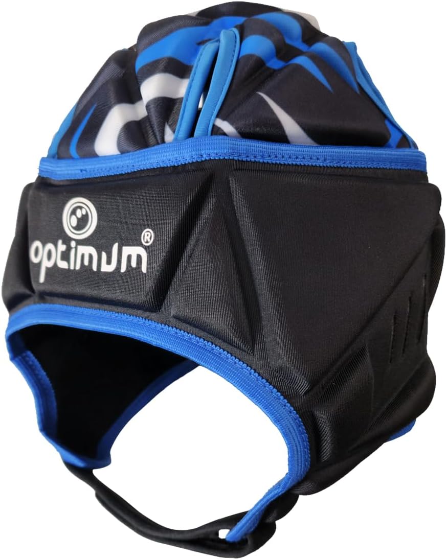 Black and blue Optimum rugby headguard angled front view with white logo, blue trim and chin strap, on white - Optimum