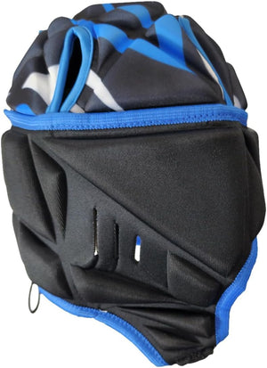 Black and blue Optimum rugby headguard side view with ear vent slots, blue trim and blue camo top, on white - Optimum