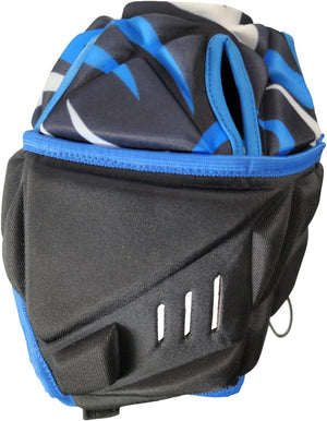 Black and blue Optimum rugby headguard top-side view with ear vent slots, blue trim and blue camo top, on white - Optimum