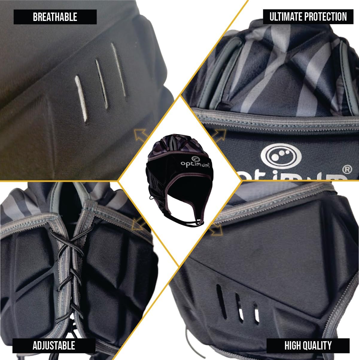 Optimum rugby headguard feature infographic: breathable vents, adjustable lacing, padded panels, black - Optimum