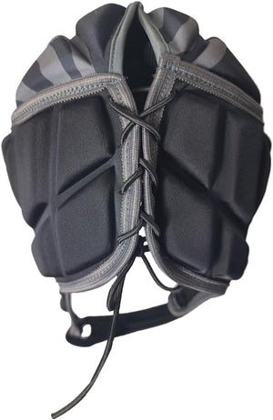 Black Optimum rugby headguard rear view with padded panels, lace adjuster and grey trim, on white - Optimum