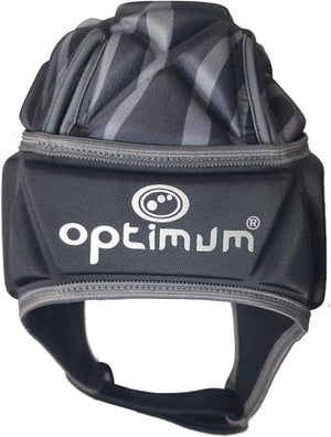 Black and grey Optimum rugby headguard, front view with white logo, grey trim and chin strap, on white - Optimum