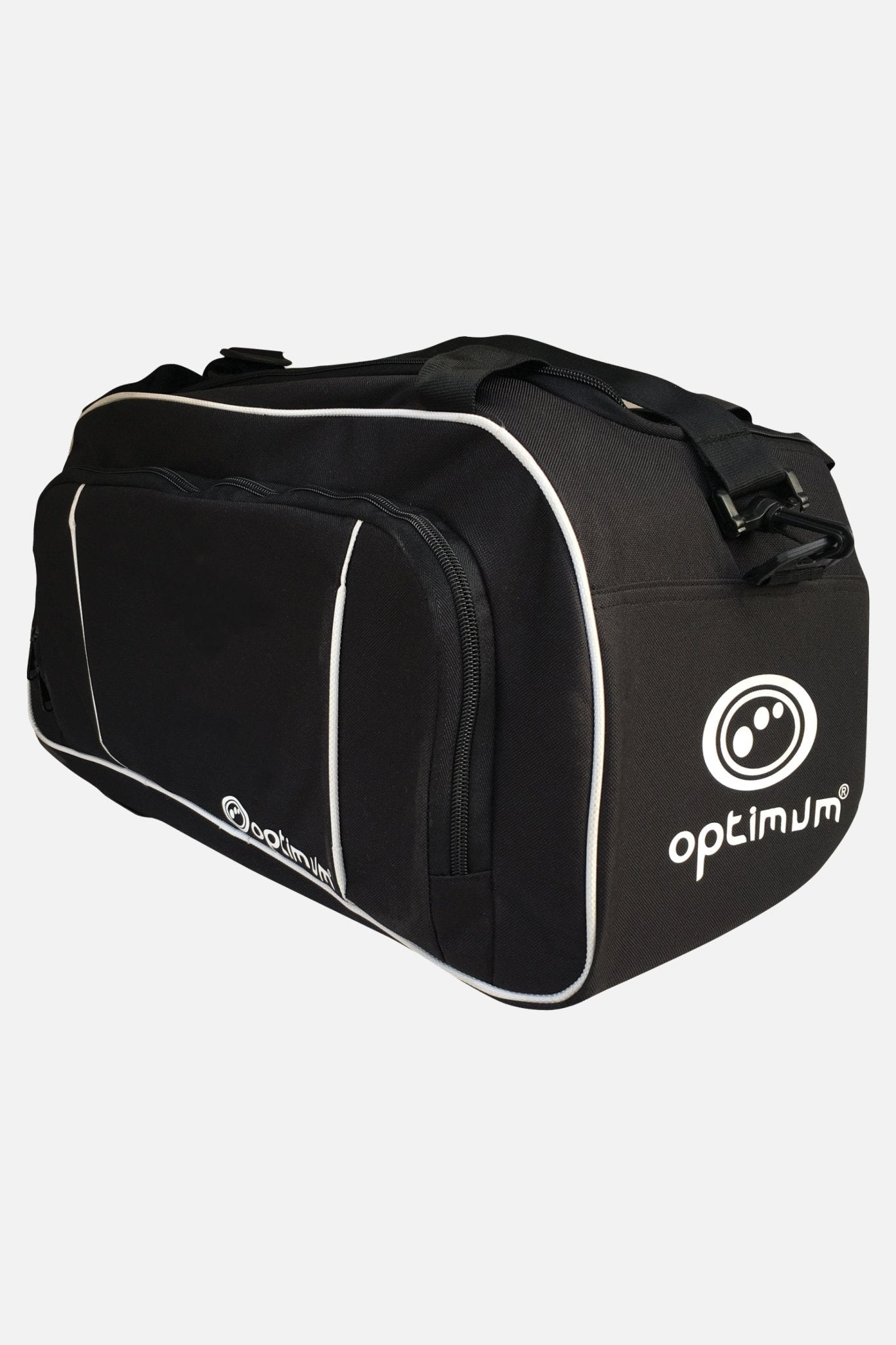 Black Optimum holdall duffel bag with white piping, logo, zip pocket and carry handles, on white - Optimum