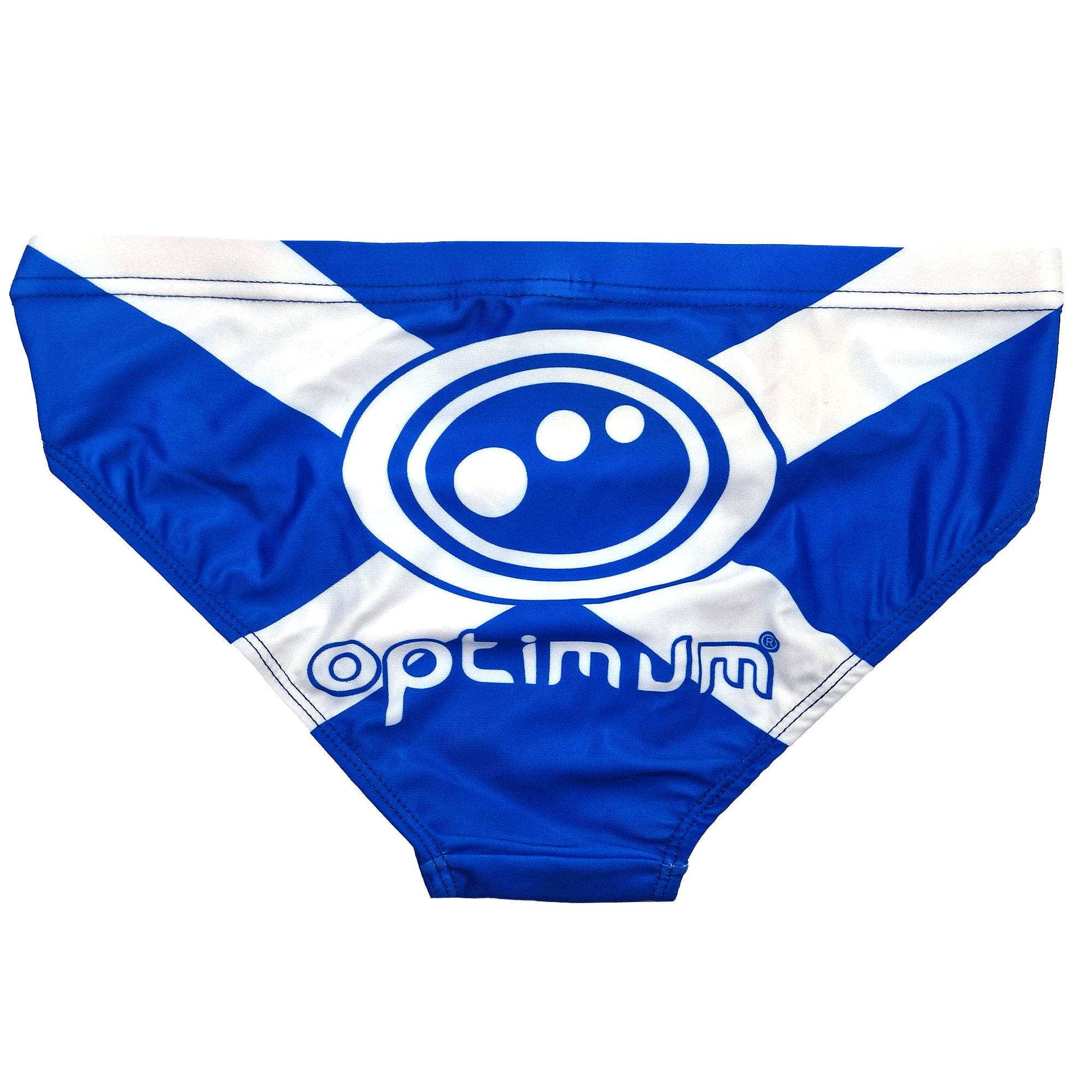 Blue and white Scotland saltire Optimum tackle trunks with white logo, flat lay - Optimum