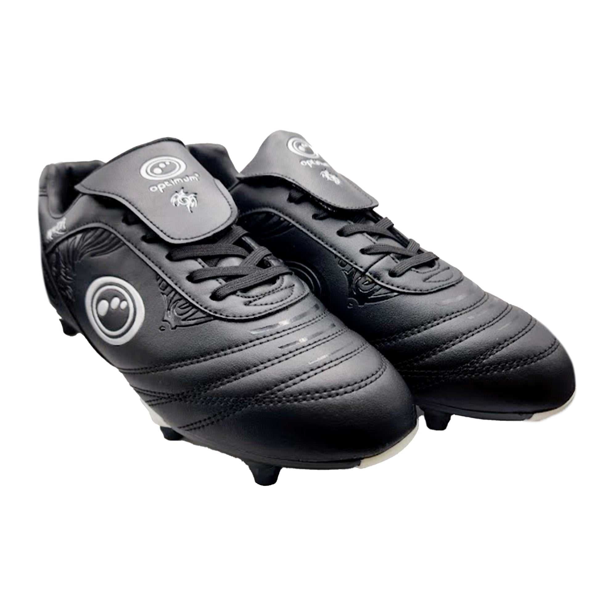 Pair of black Optimum Razor lace-up football boots with grey tongue, white logo and studded soles, on white - Optimum