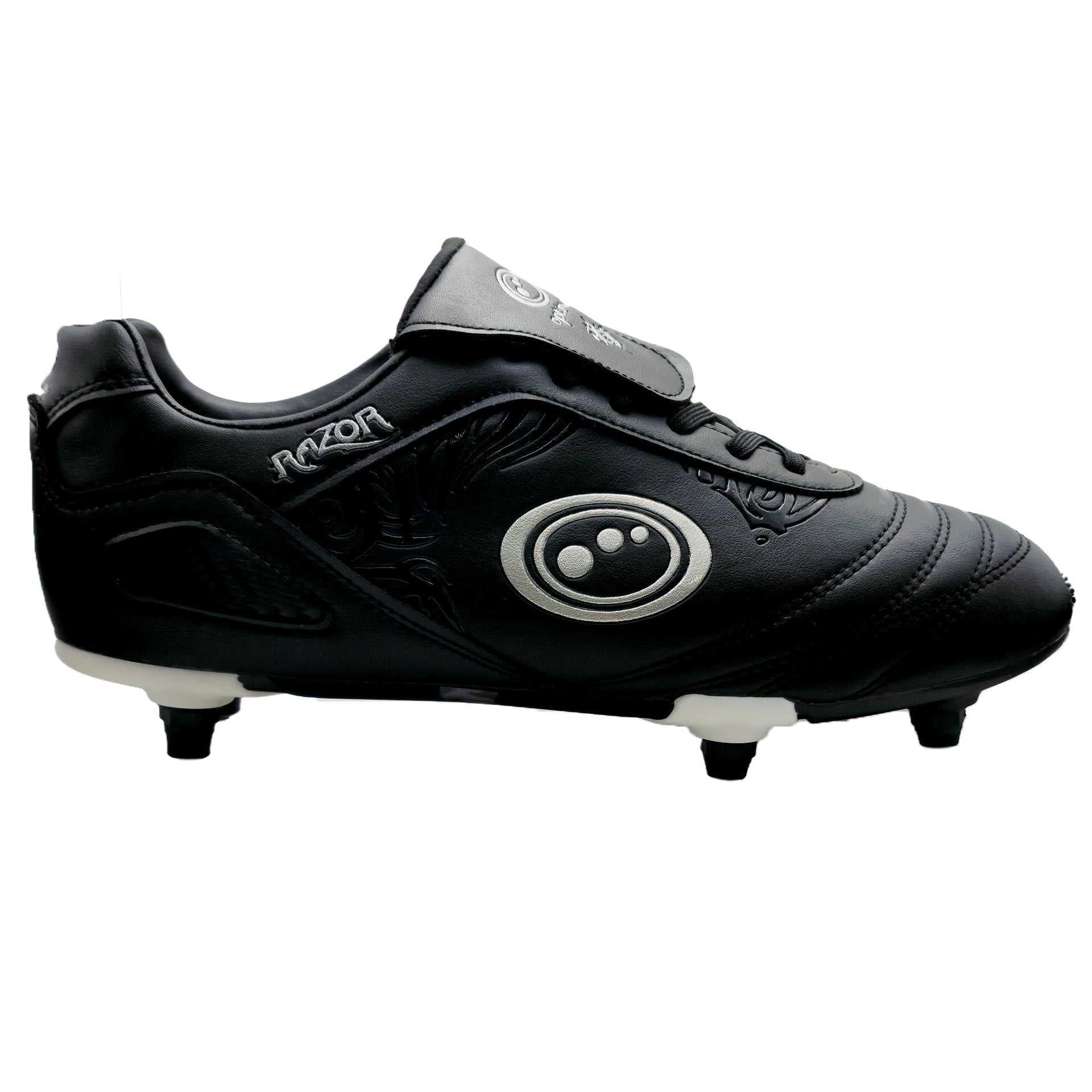 Black Optimum Razor lace-up football boot, side view with silver logo and six screw-in studs - Optimum