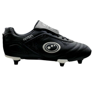 Black Optimum Razor lace-up football boot, side view with silver logo and six screw-in studs - Optimum