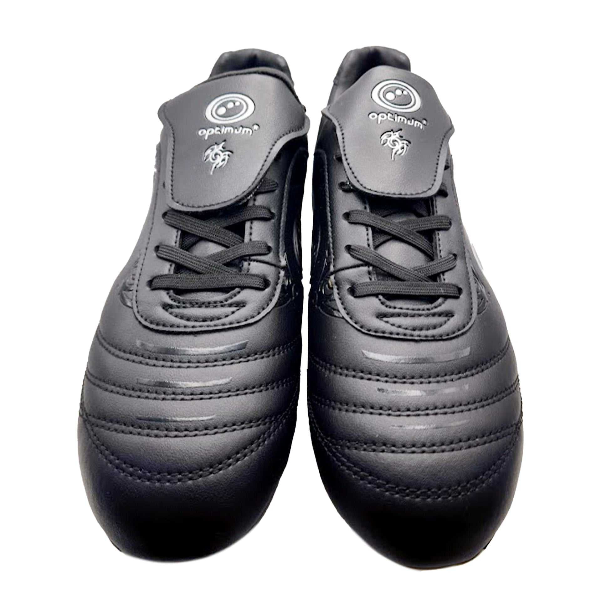 Black Optimum Razor lace-up football boots, top-down front view of pair with grey tongue and white logo - Optimum
