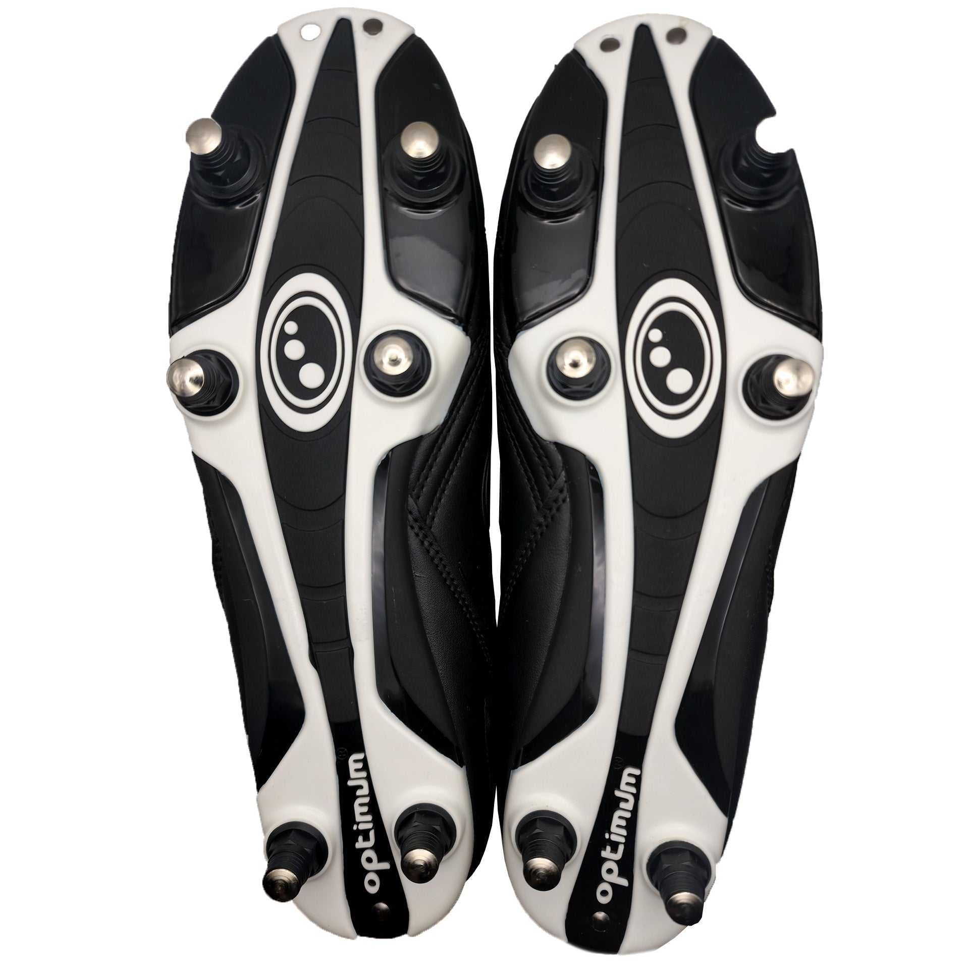 Underside of black and white Optimum Razor football boots showing six screw-in studs, on white - Optimum