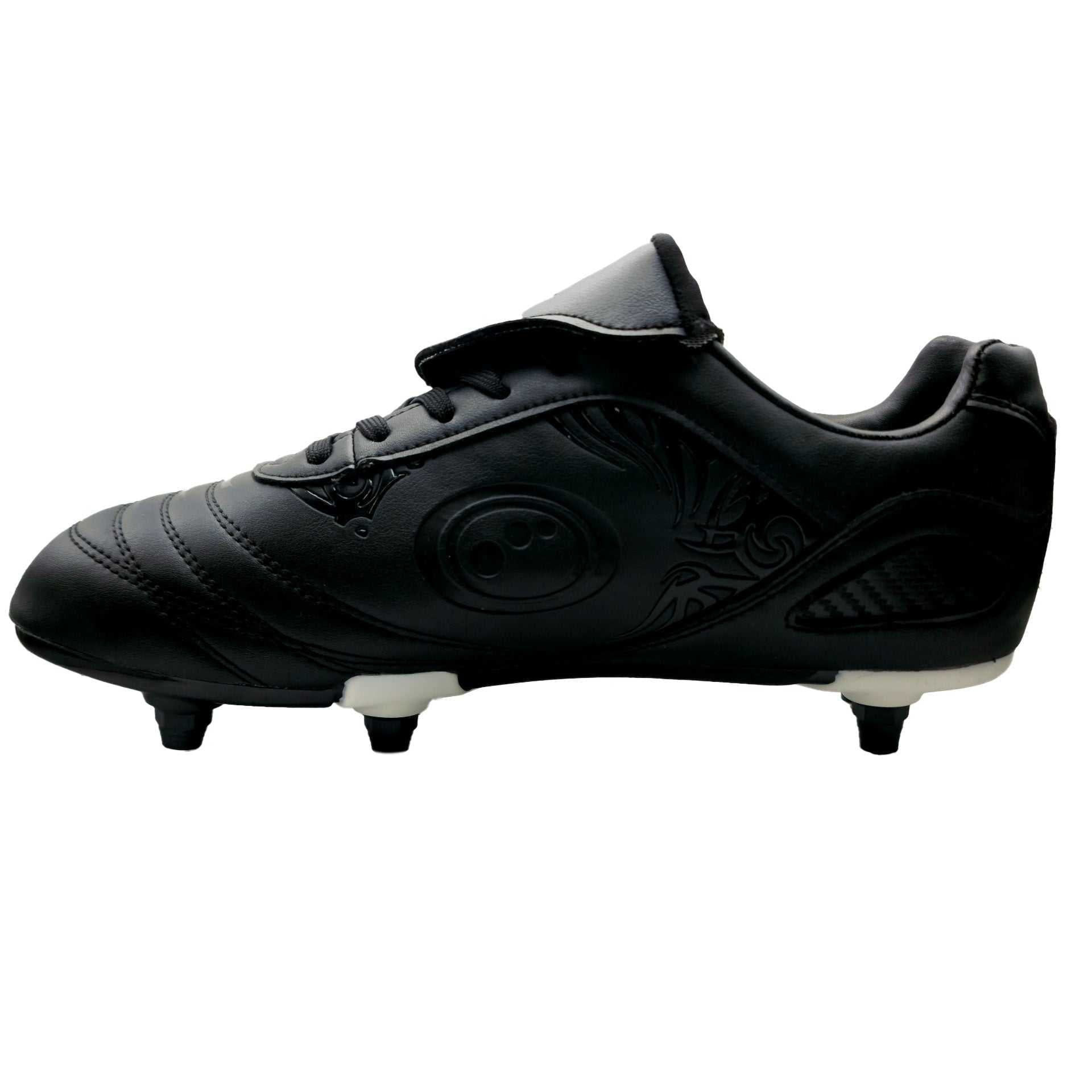 Black Optimum Razor lace-up football boot, side view with embossed tribal detail and studs - Optimum