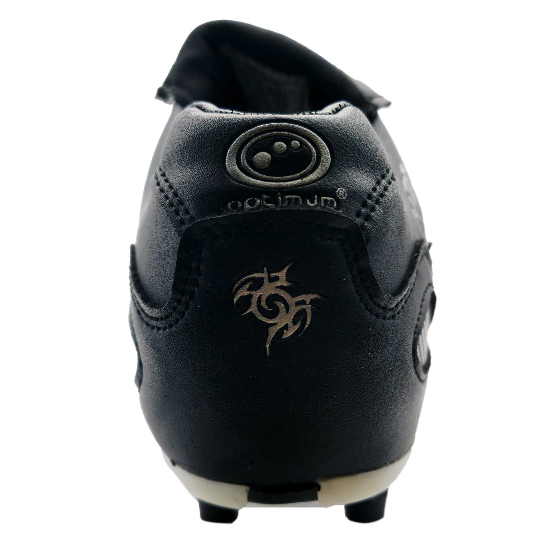 Black Optimum Razor football boot, heel view with logo and tribal graphic embossed on white - Optimum