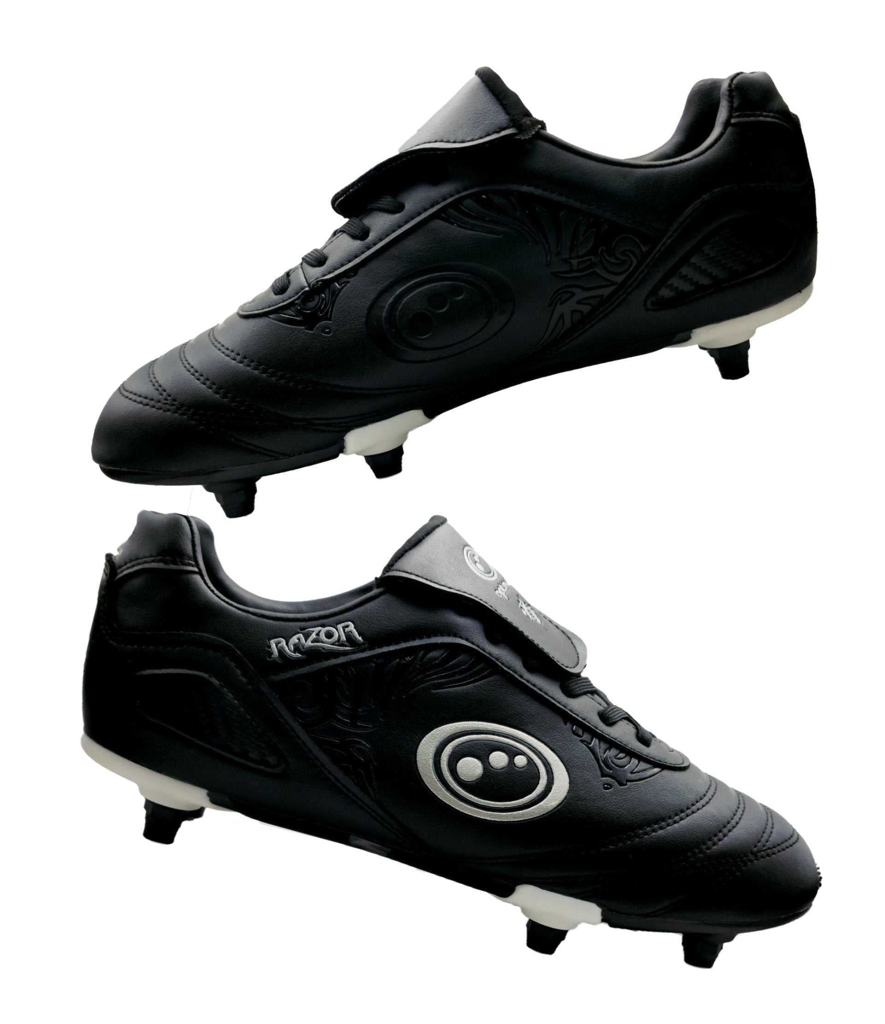 Pair of black Optimum Razor lace-up football boots with silver logo and screw-in studs on white - Optimum