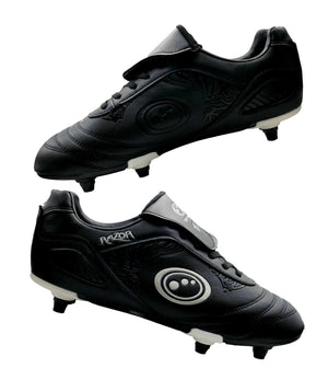 Pair of black Optimum Razor lace-up football boots with silver logo and screw-in studs on white - Optimum