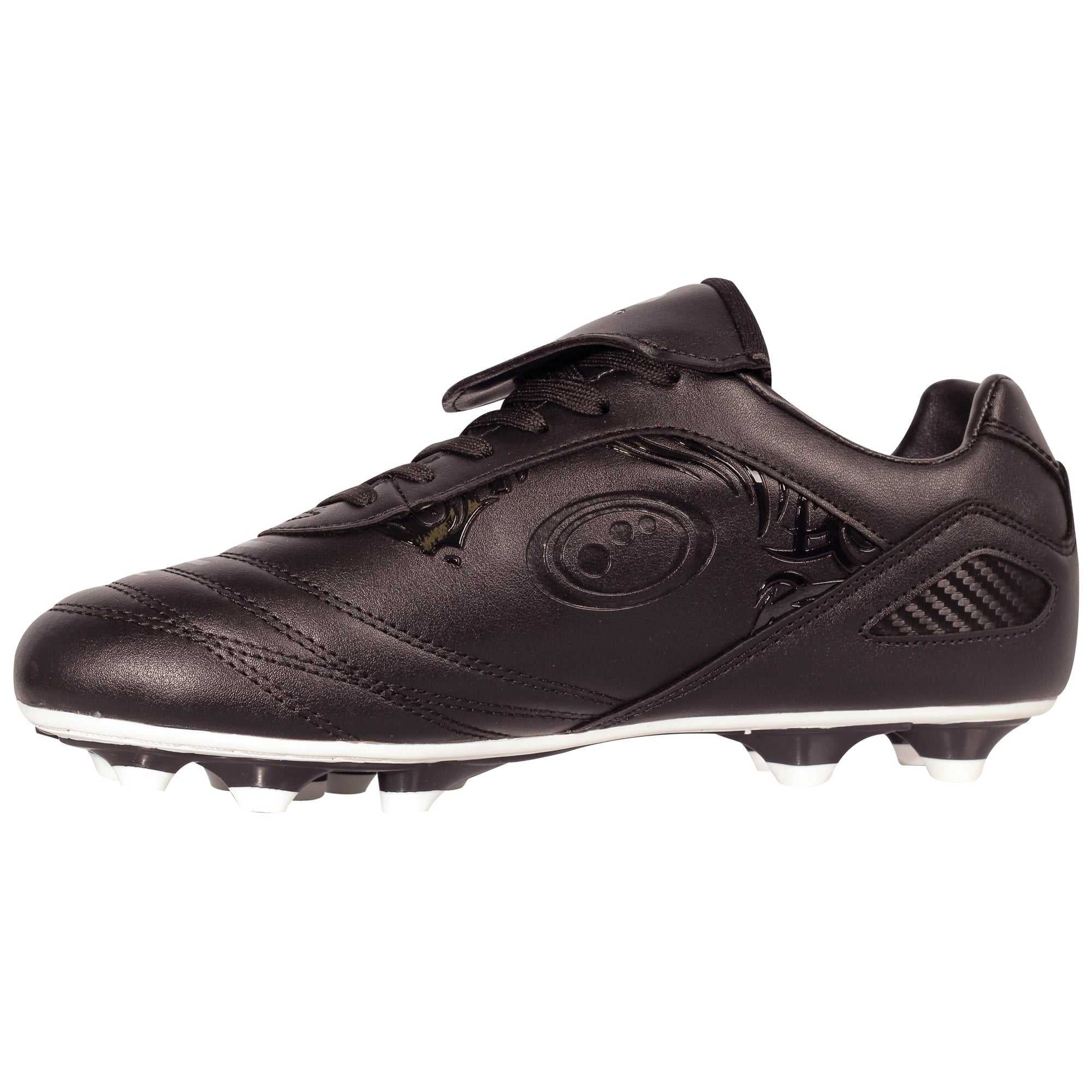Black Optimum Razor football boot, inner side view, tonal black upper and white moulded-stud sole, on white - Optimum