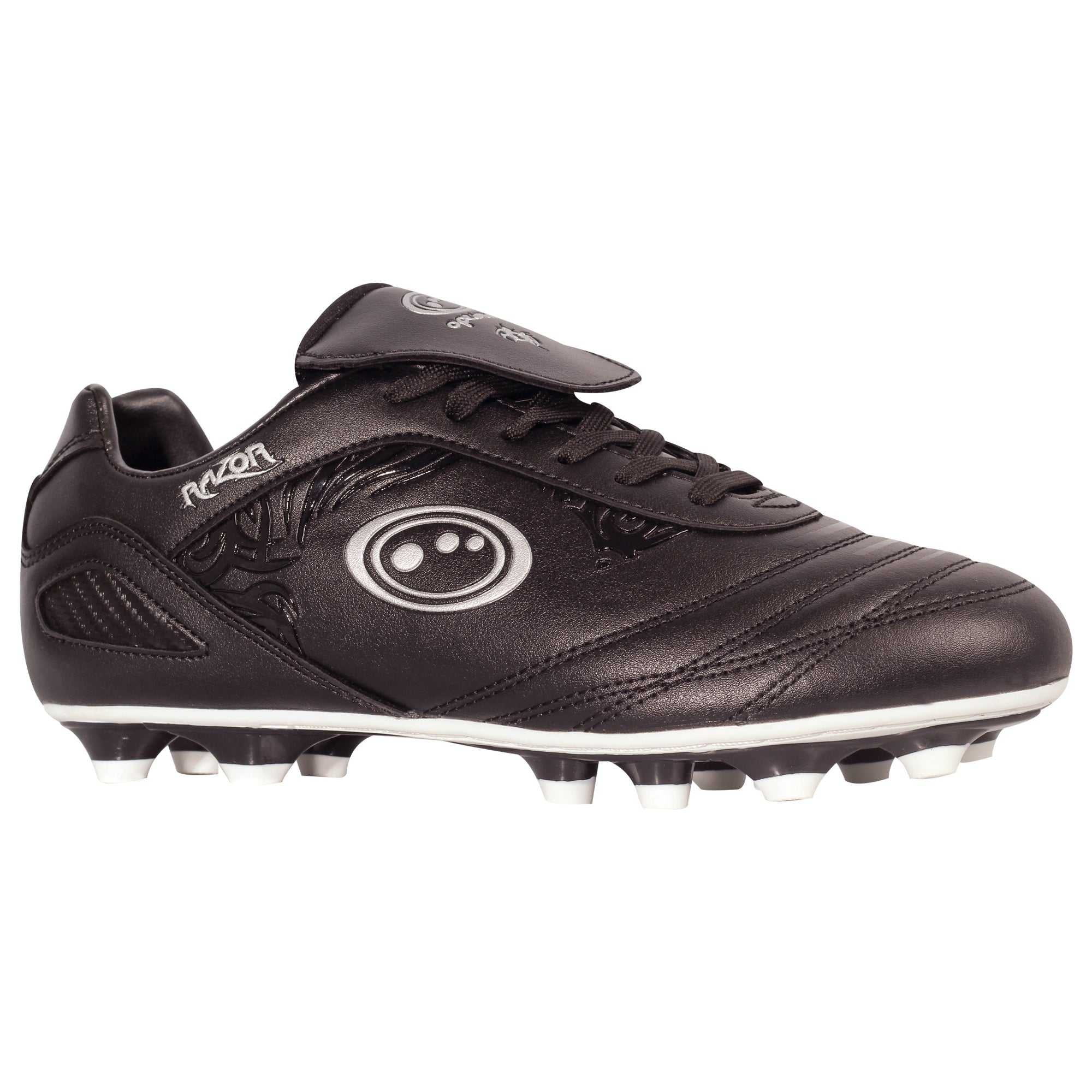 Black Optimum Razor football boot, outer side view, white ring logo, RAZOR print, white moulded-stud sole, on white - Optimum