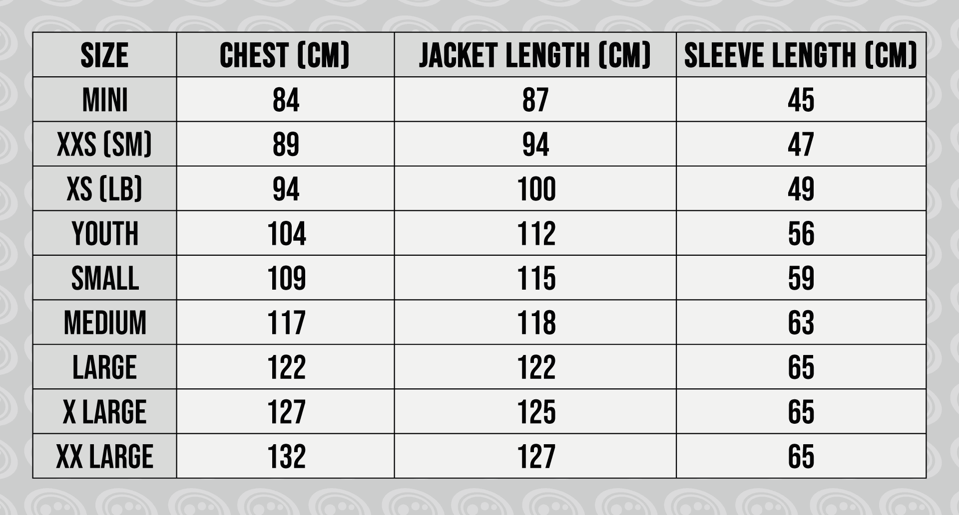 Optimum Sideline Sub Jacket size guide chart with chest, jacket and sleeve lengths in cm - Optimum