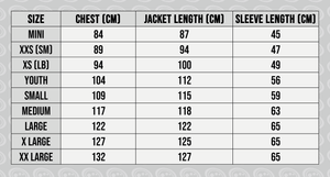 Optimum Sideline Sub Jacket size guide chart with chest, jacket and sleeve lengths in cm - Optimum