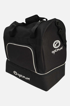 Black Optimum player kit bag with white piping, logos, boot compartment and carry handles, on white - Optimum