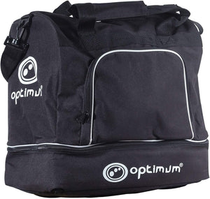 Black Optimum player kit bag with white piping, logos, zip pocket and lower boot compartment, on white - Optimum