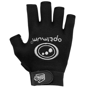Black Optimum Stik Mits fingerless rugby glove, back of hand with white logo and wrist strap on white - Optimum