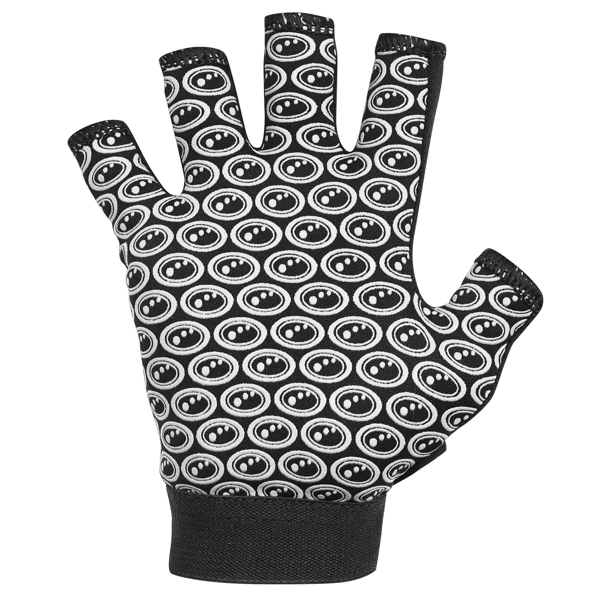 Black Optimum Stik Mits fingerless glove, palm view with all-over white oval grip pattern on white - Optimum