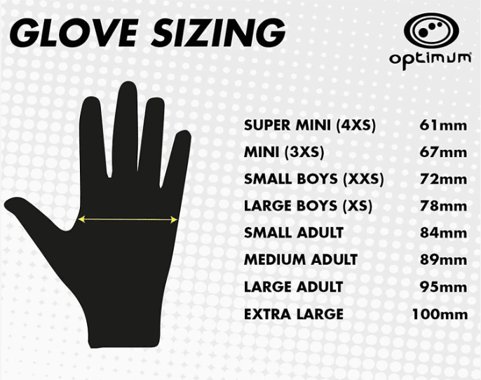 Optimum glove sizing chart with black hand graphic and palm-width measurements from super mini to XL - Optimum