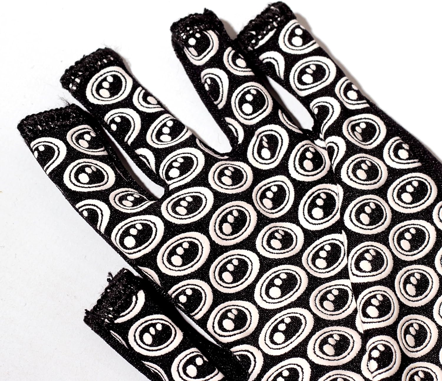 Close-up of black Optimum Stik Mits fingerless glove palm with all-over white oval grip print on white - Optimum