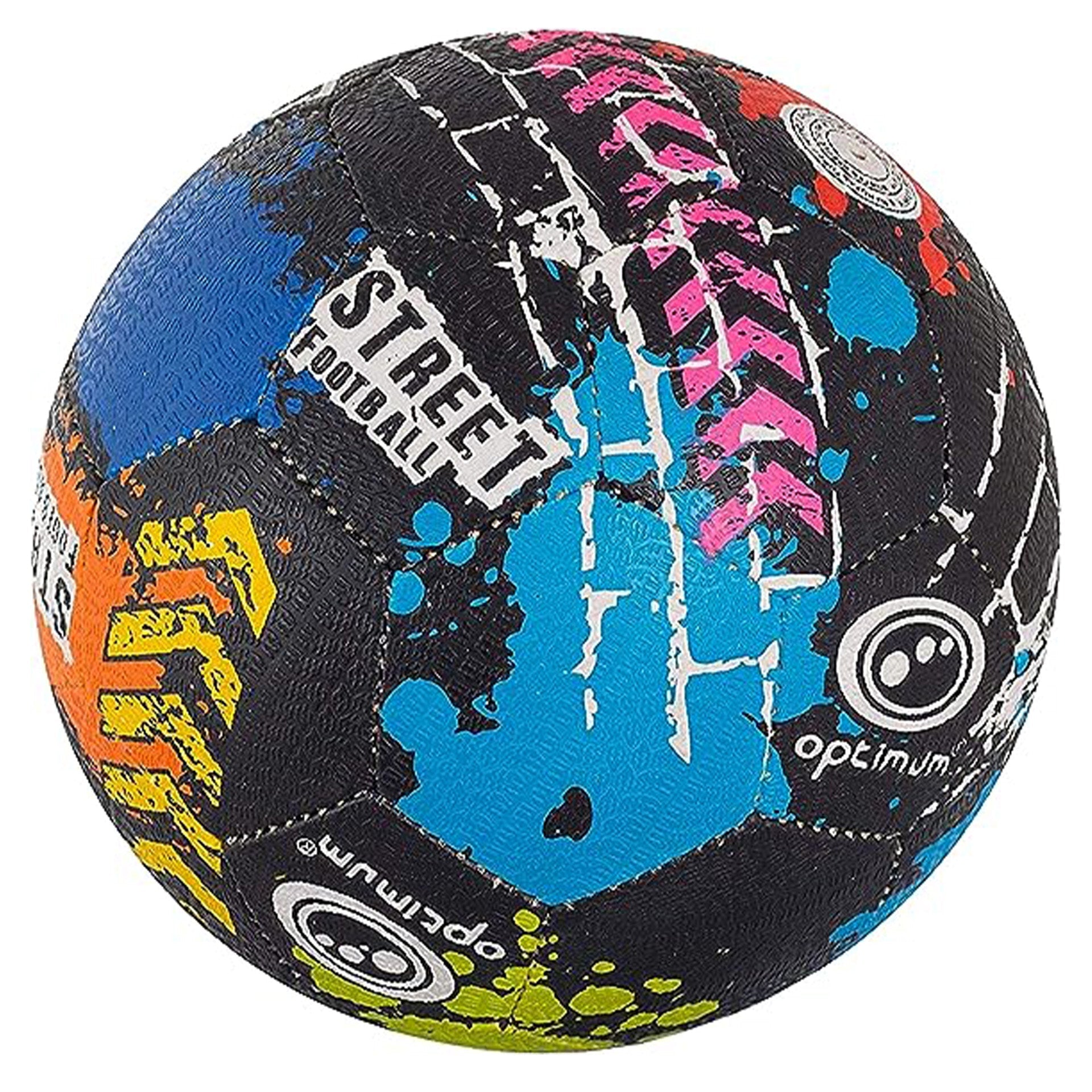 Black Optimum street football with blue, pink and orange splatter print and white logos, on white - Optimum