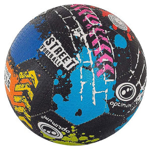Black Optimum street football with blue, pink and orange splatter print and white logos, on white - Optimum