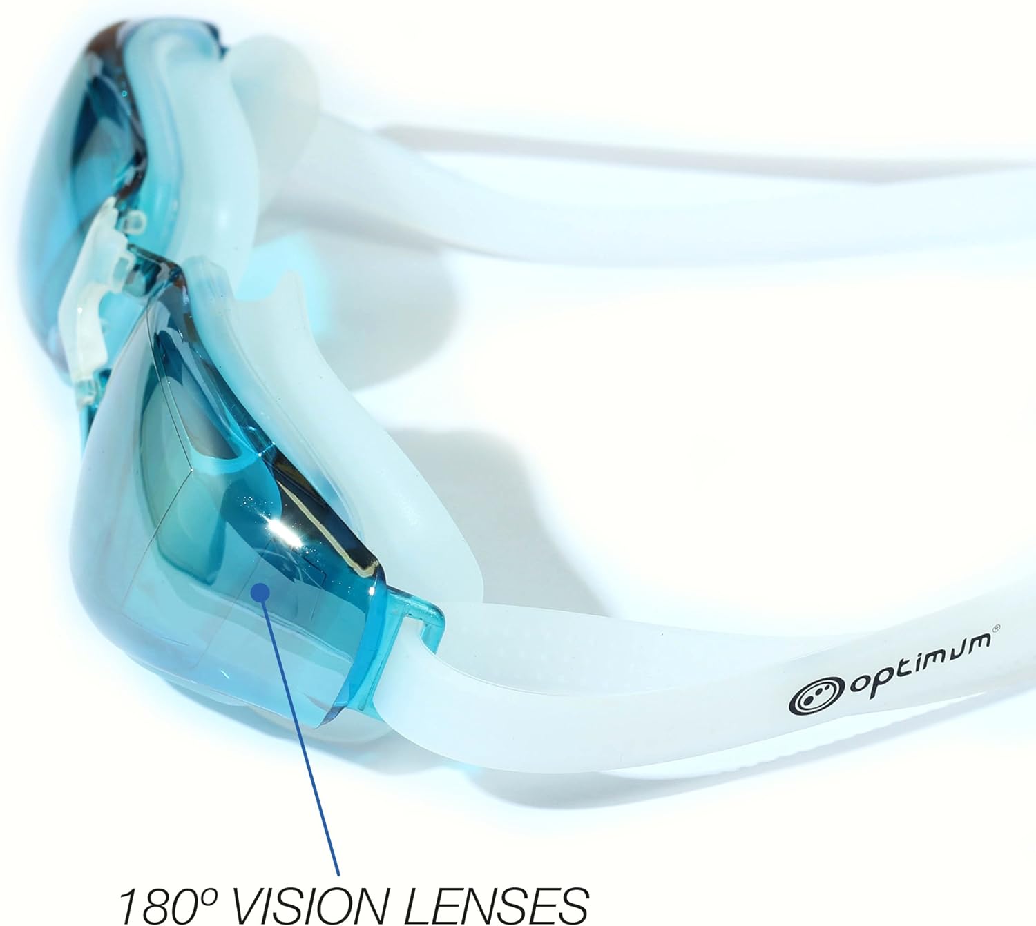 Close-up of turquoise-lens Optimum swimming goggles with white strap and 180 degree vision lenses - Optimum