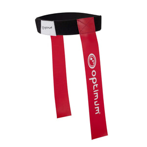 Black Optimum tag rugby belt with two red hanging flags and white logo print, on white background