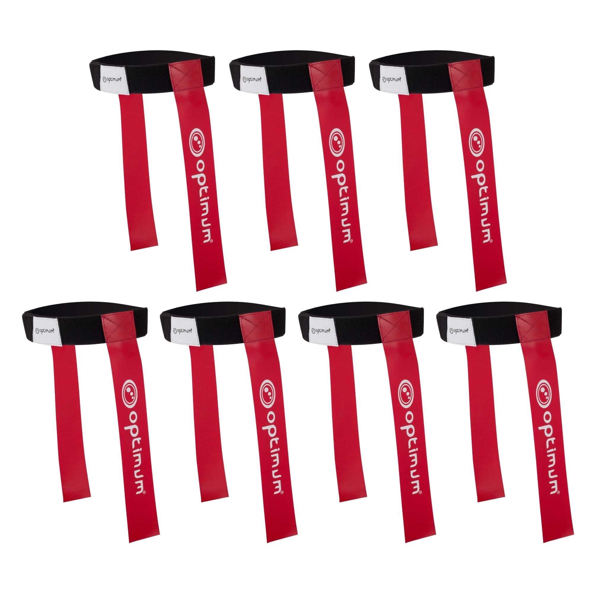 Seven black Optimum tag rugby belts with red flags and white logo print, arranged on white