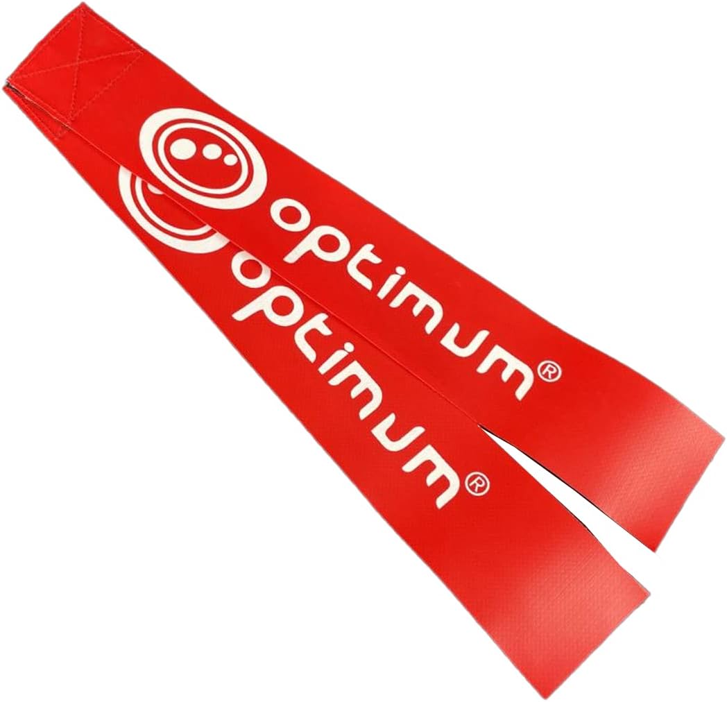 Close-up of two red Optimum tag rugby flags with white logo print, on white background