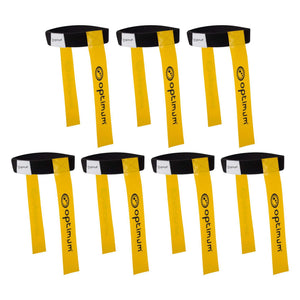 Seven black Optimum tag rugby belts with yellow flags and black logo print, arranged on white