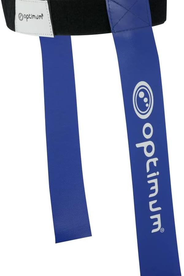 Black Optimum tag rugby belt with velcro tab and two blue hanging flags with white logo, on white