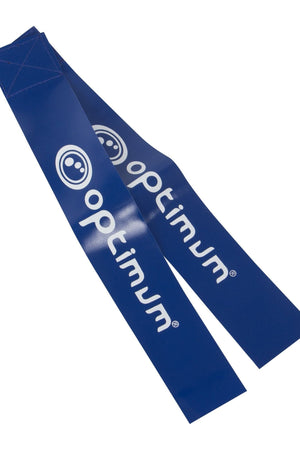 Close-up of two blue Optimum tag rugby flags with white logo print, on white background