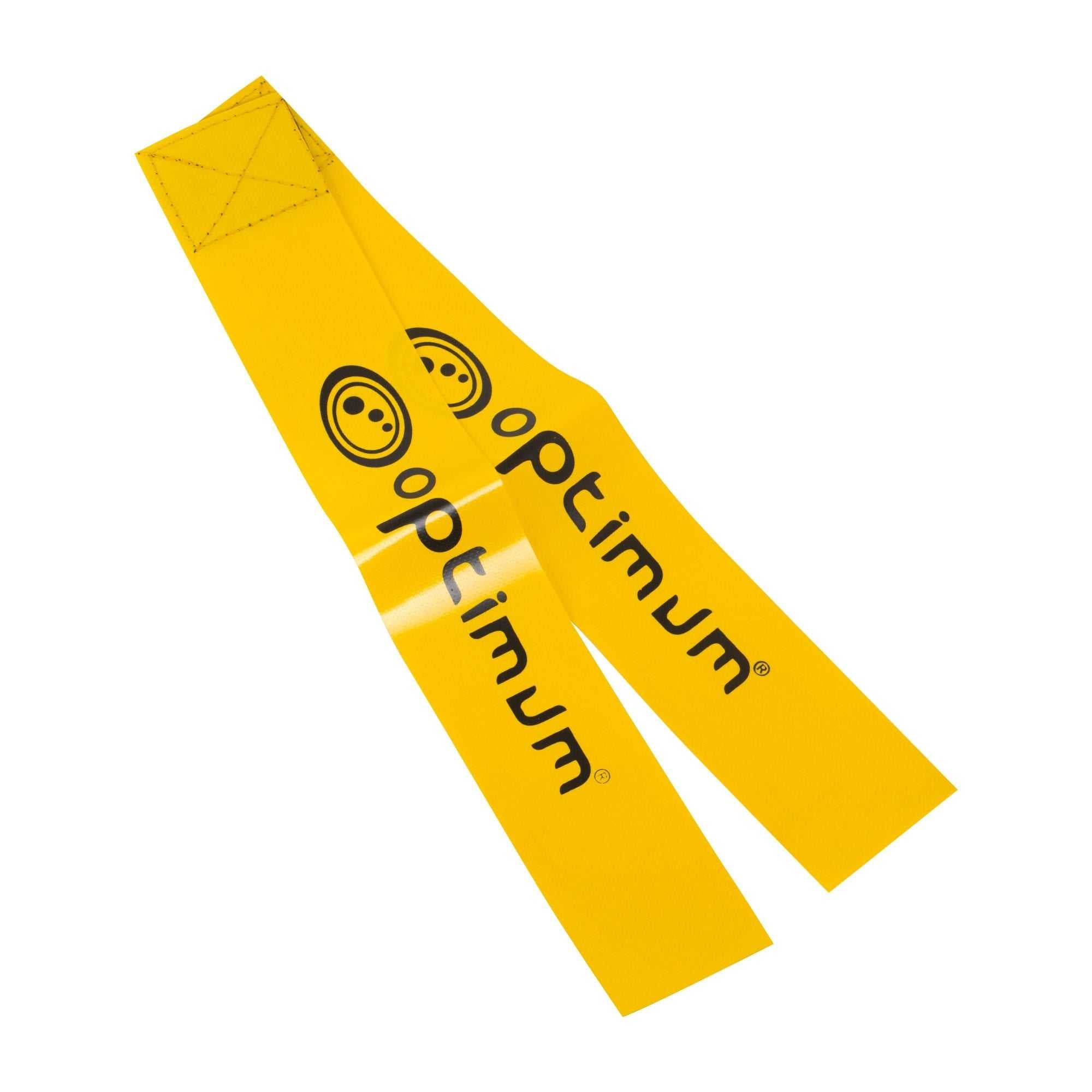 Close-up of two yellow Optimum tag rugby flags with black logo print, on white background