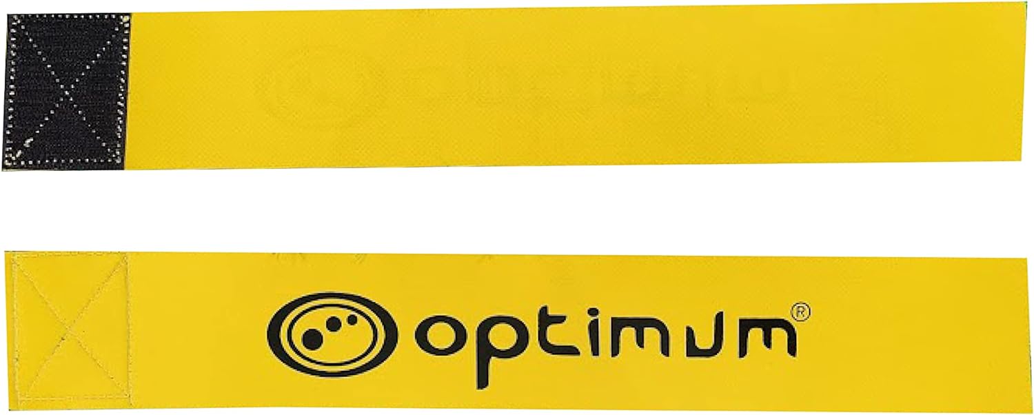 Two yellow Optimum tag rugby flags laid flat with black logo and velcro ends, on white background