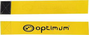 Two yellow Optimum tag rugby flags laid flat with black logo and velcro ends, on white background