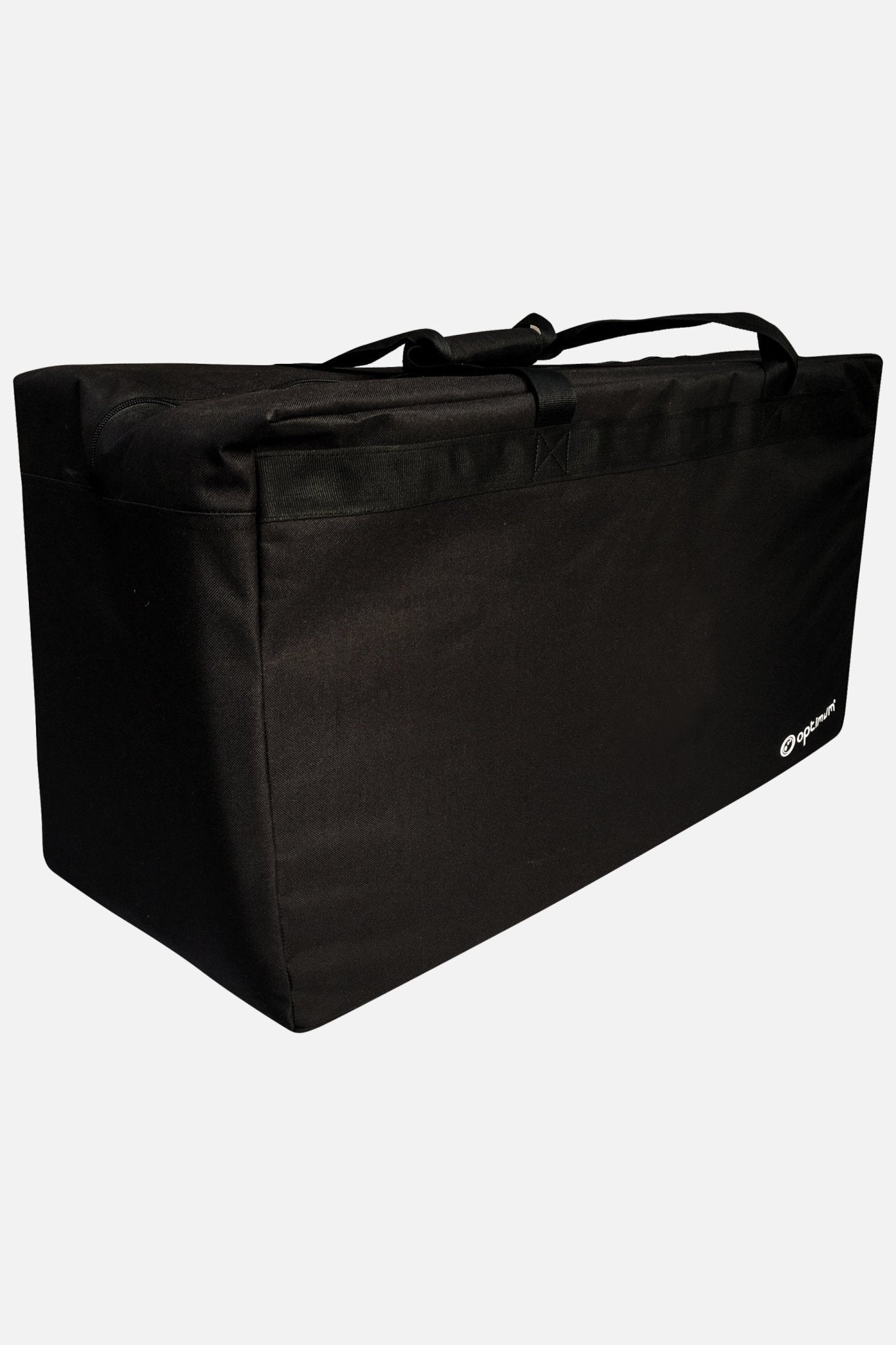 Large black Optimum team kit holdall bag with carry handles and white logo, side view on white - Optimum