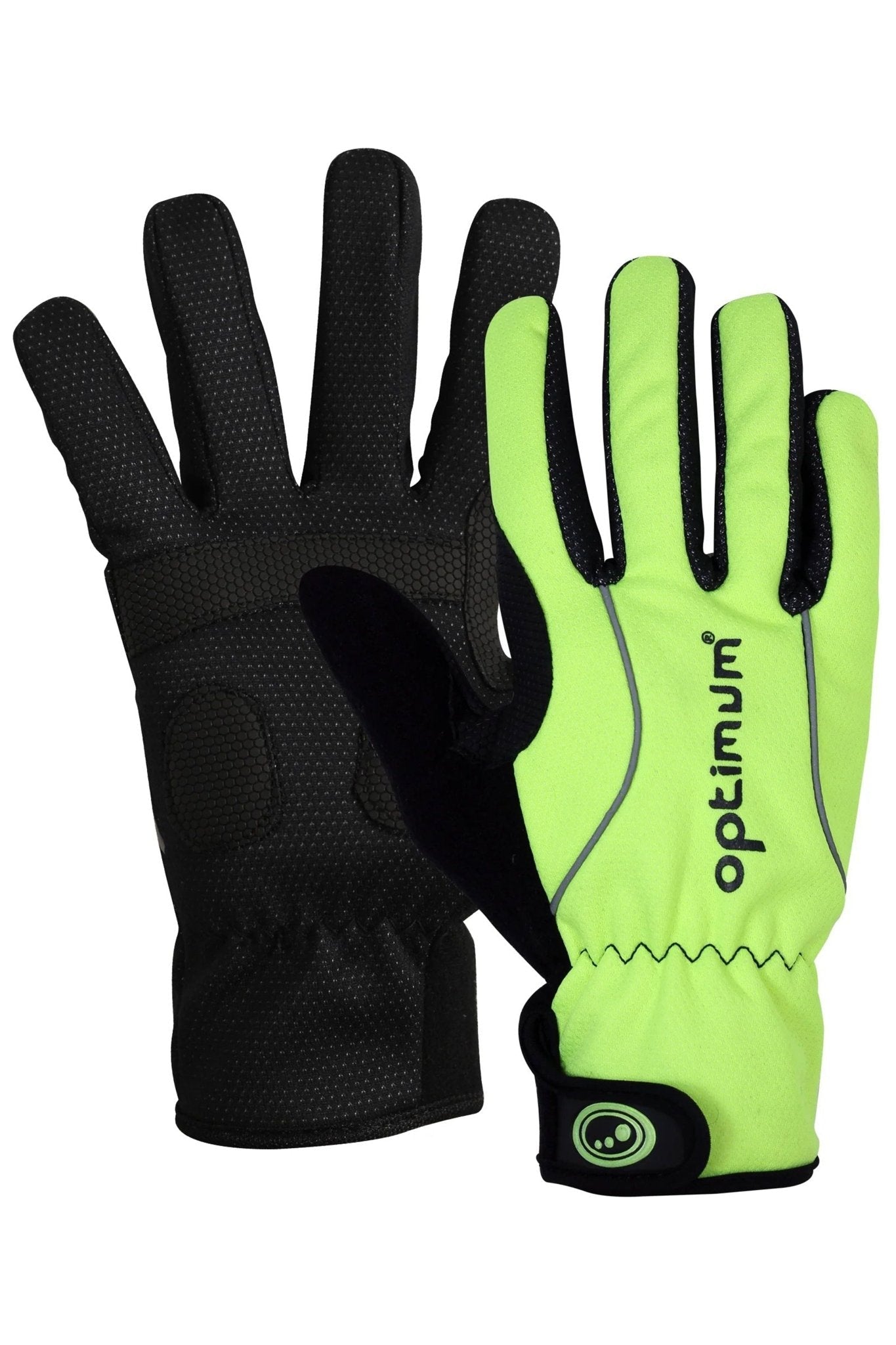 Fluorescent yellow and black full-finger winter cycling gloves pair, palm and back shown, on white - Optimum