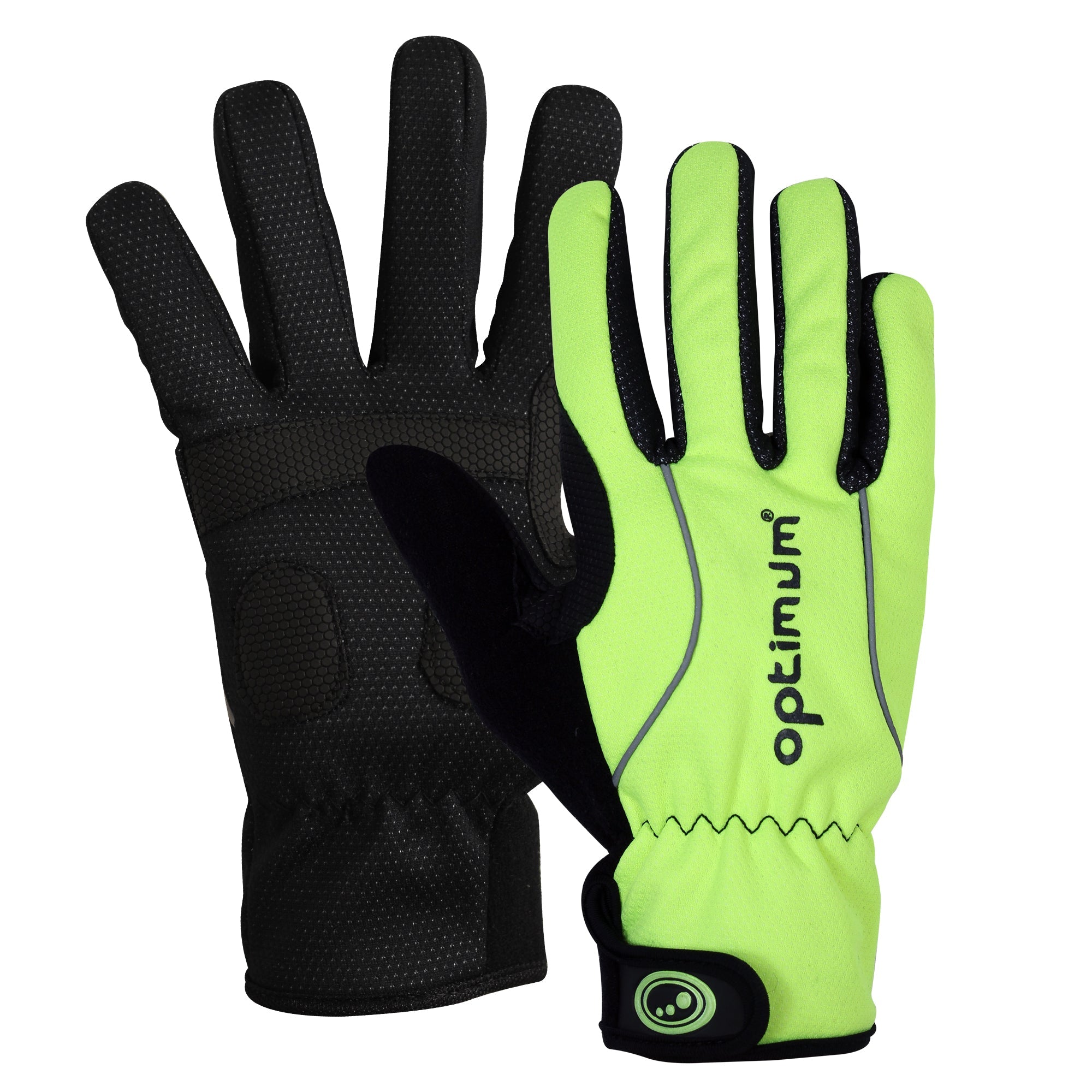 Fluorescent yellow and black full-finger winter cycling gloves pair, back and palm shown, on white - Optimum