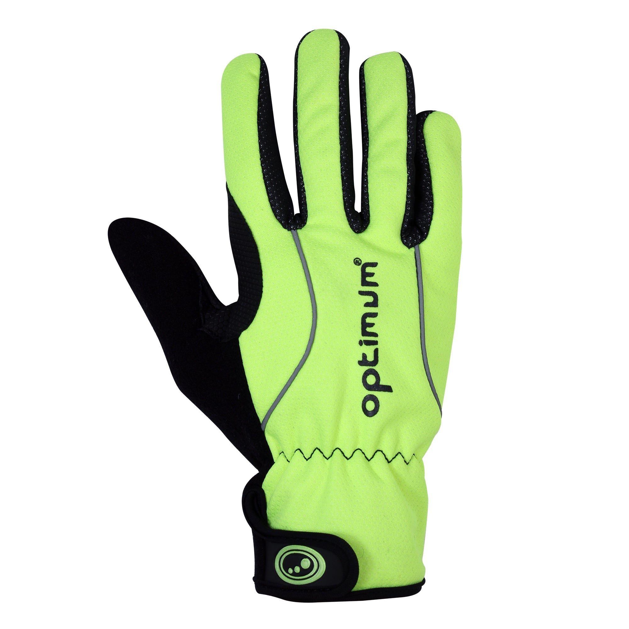 Fluorescent yellow full-finger winter cycling glove, back view with black logo and wrist strap, on white - Optimum