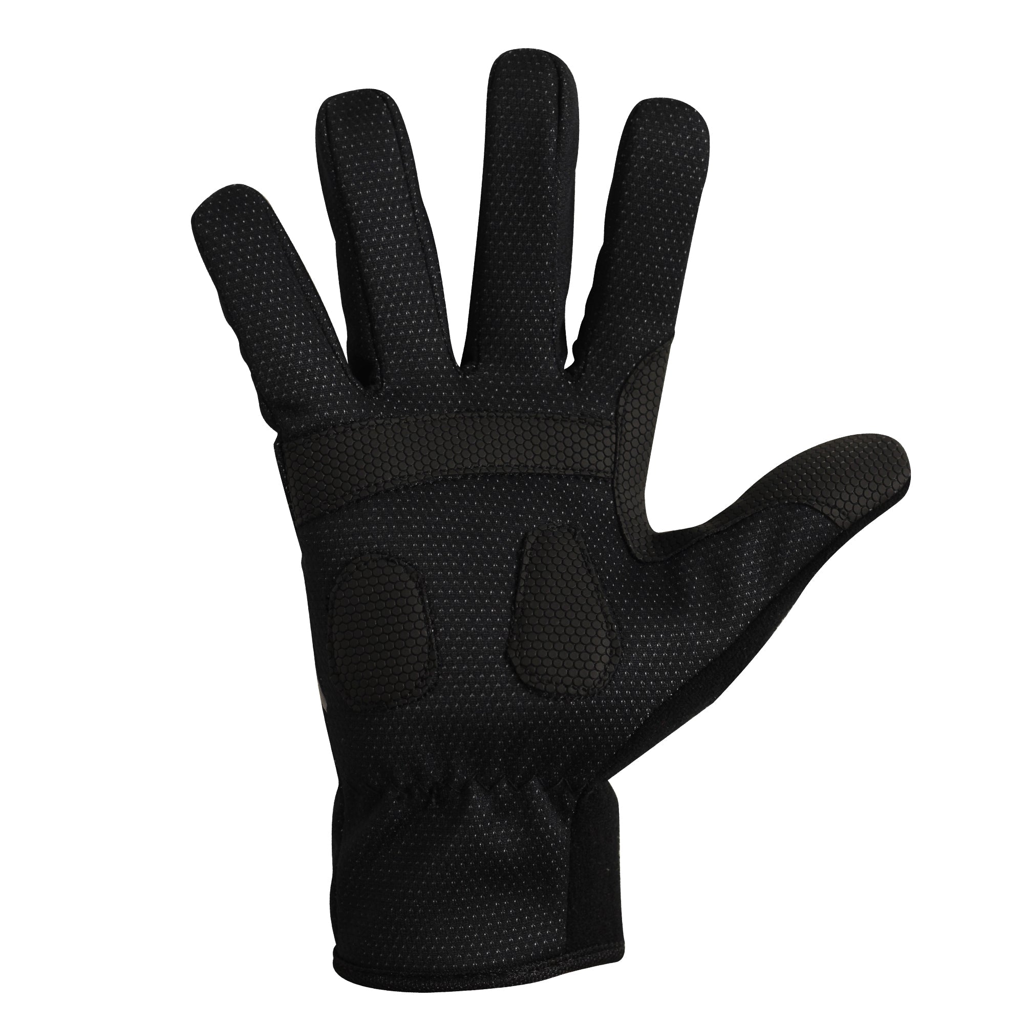 Black full-finger winter cycling glove, palm view with grippy padded palm, on white - Optimum